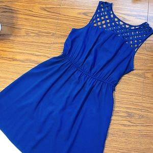 Navy Blue Sleeveless Dress - Lattice Neckline